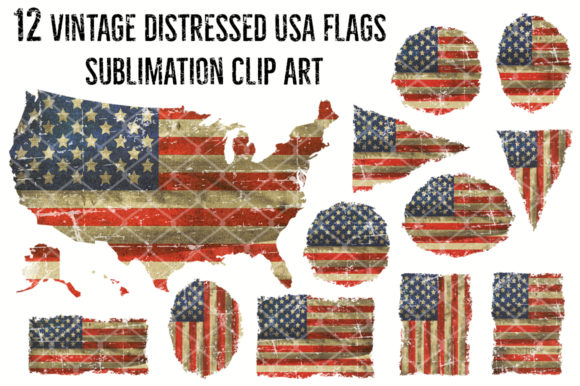 12 Vintage Distress US Flag Sublimation Graphics